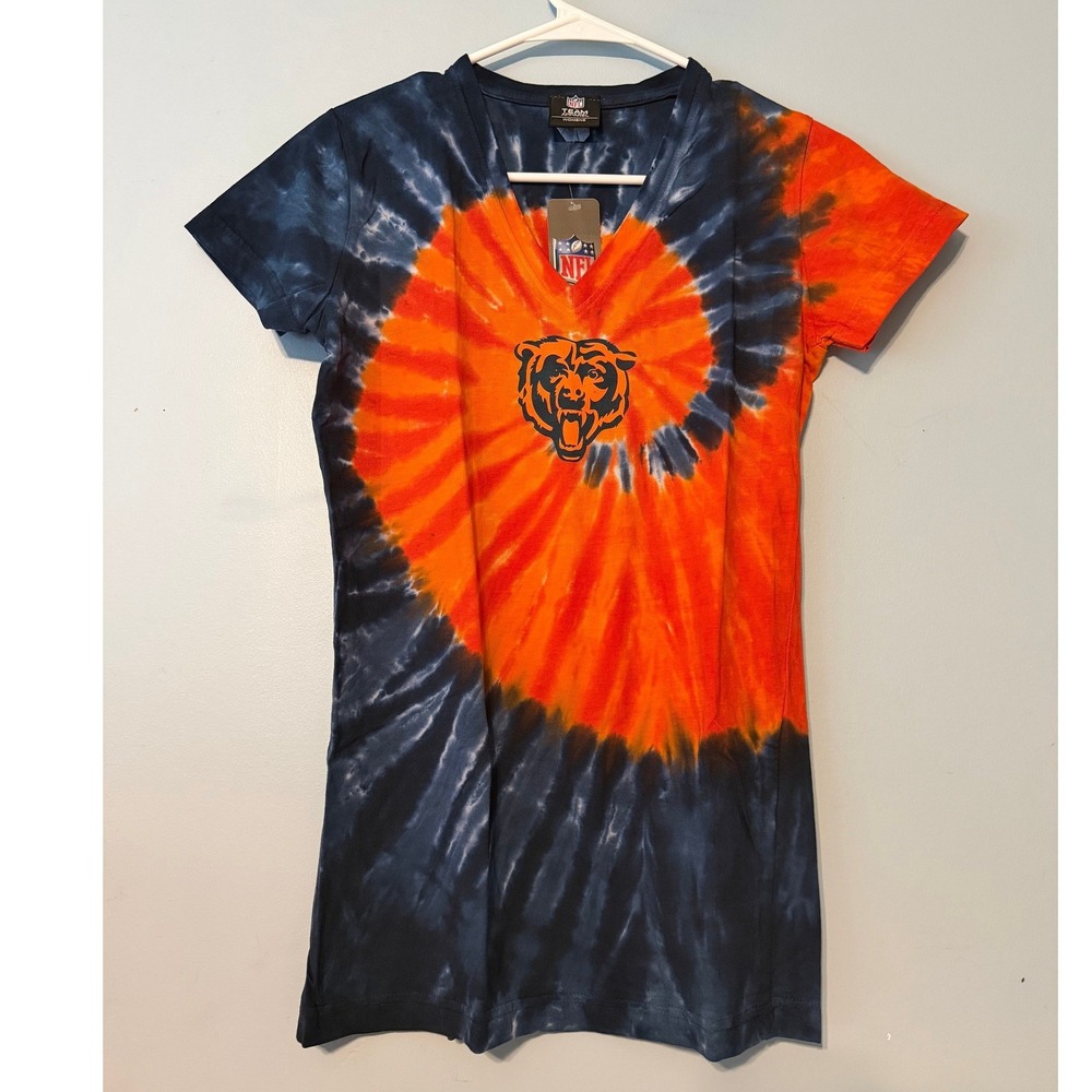 NFL Team Apparel Women's L Chicago Bears Tie Dye V-Neck T-Shirt Orange Navy 2069